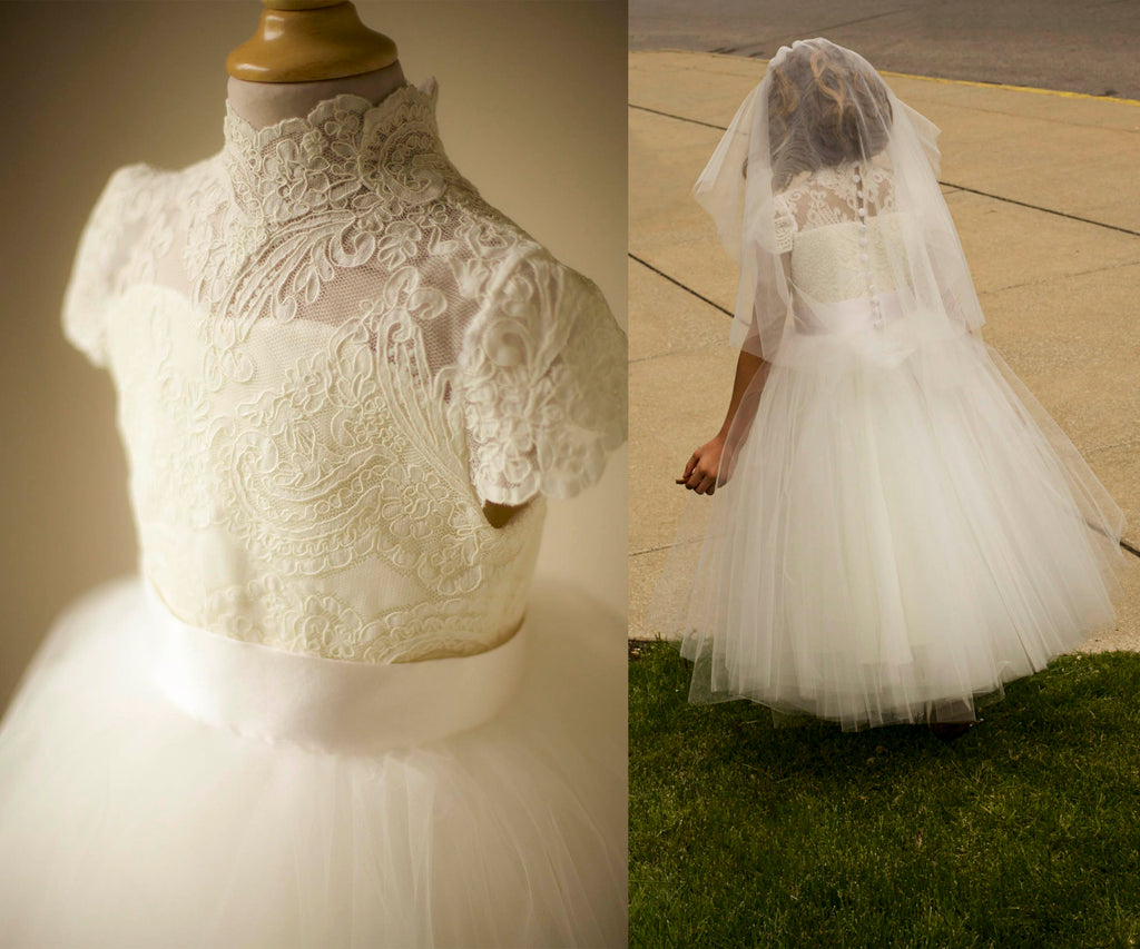 communion dress with high neck lace
