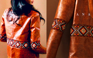 Colorful Ukrainian Hand Embroidered Leather Crop Jacket with Maltese Cross and Inspired by Eastern European Kilims