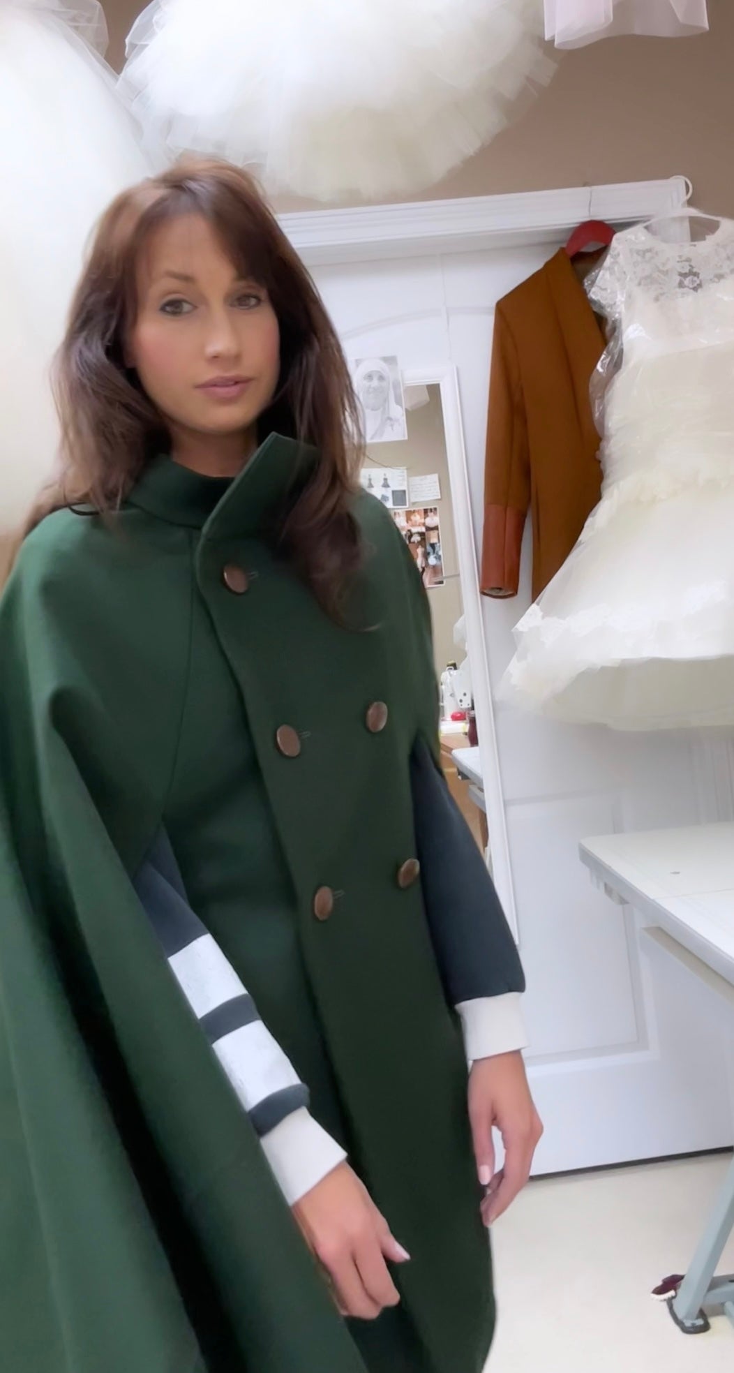 Dark Green Double Breasted Wool Cape