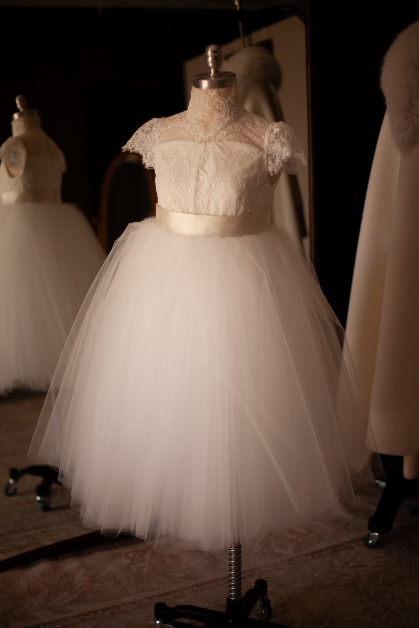 alencon lace high neck dress with sash