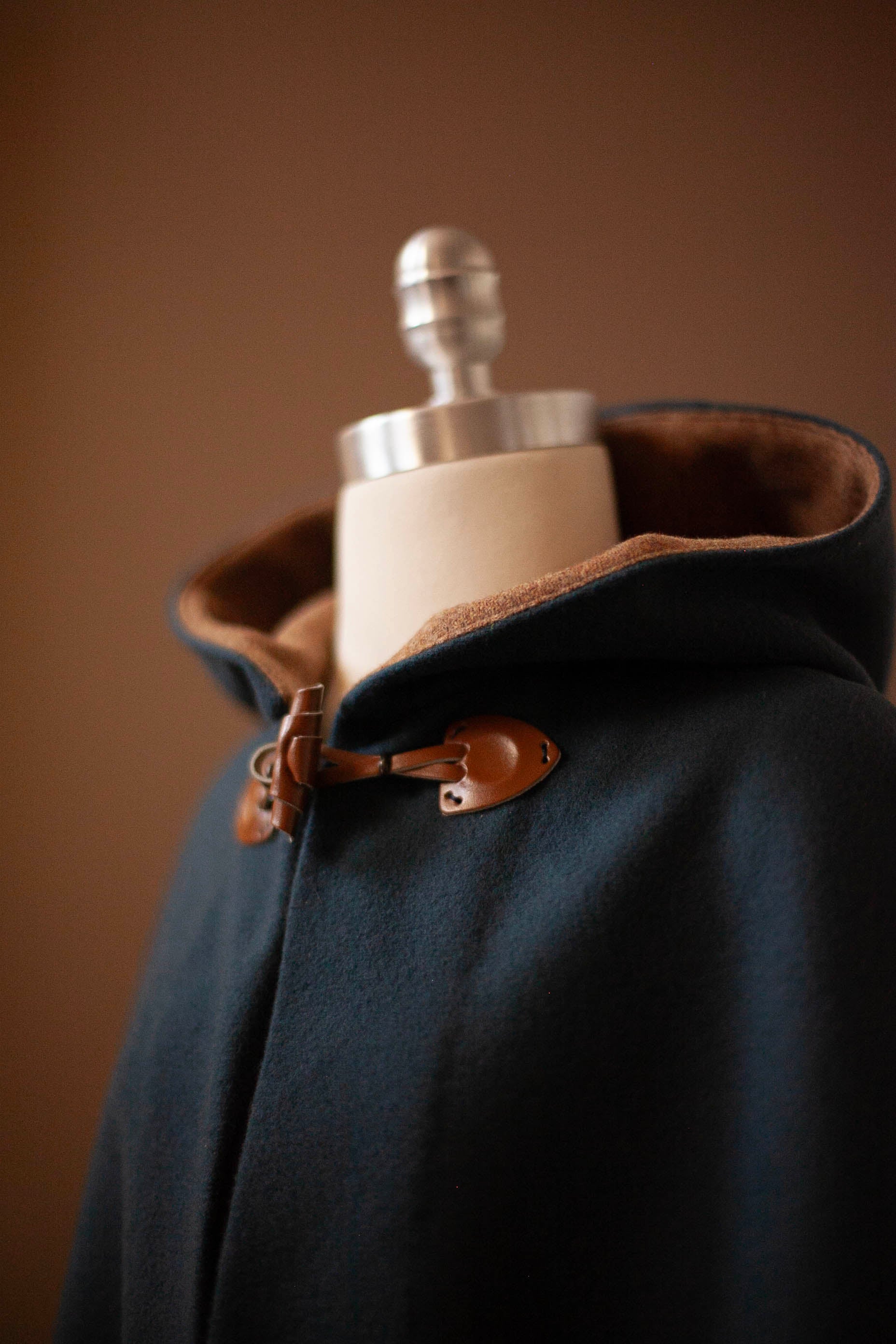 Dark Teal Wool Cape with Leather