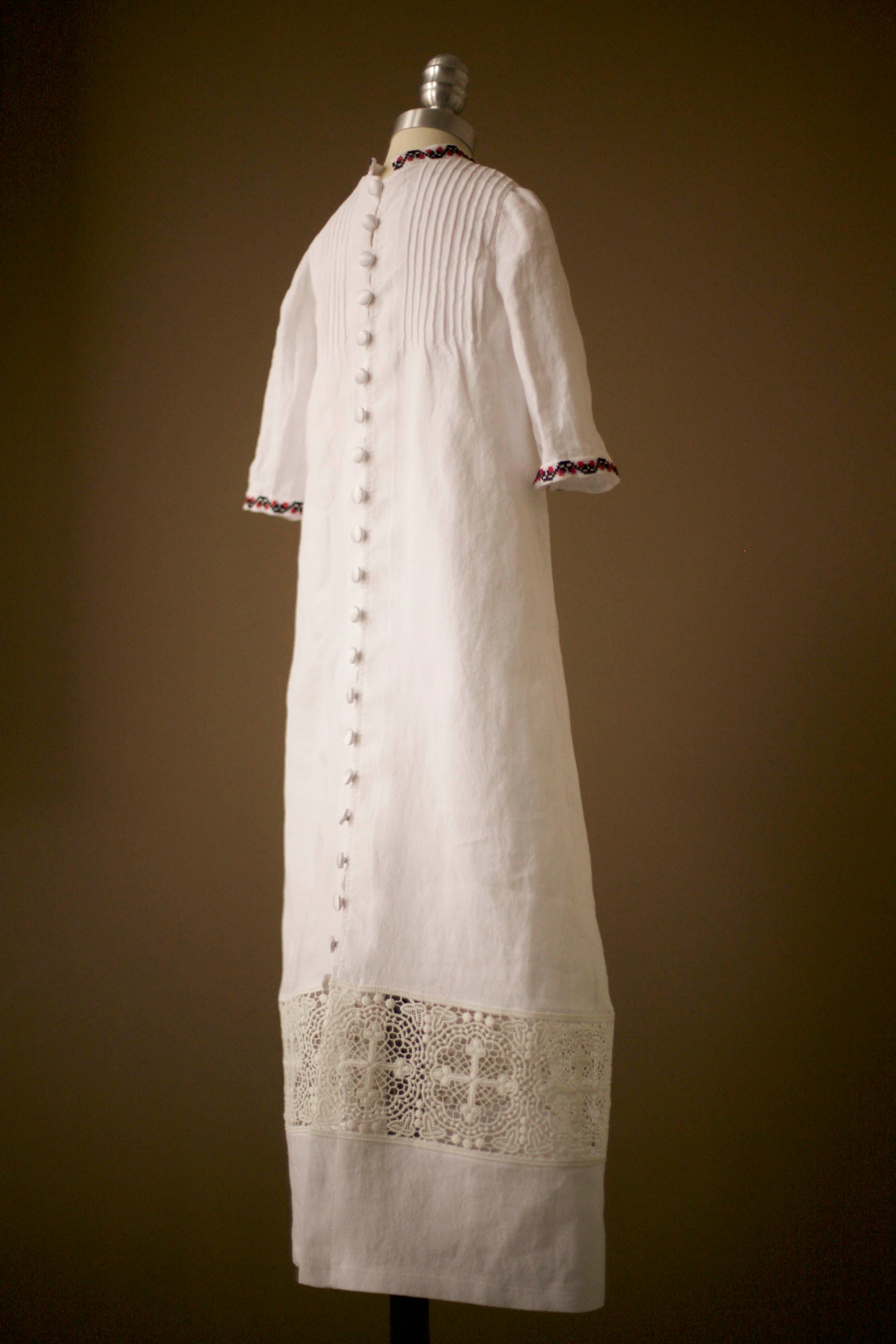 linen christening gown with cross lace
