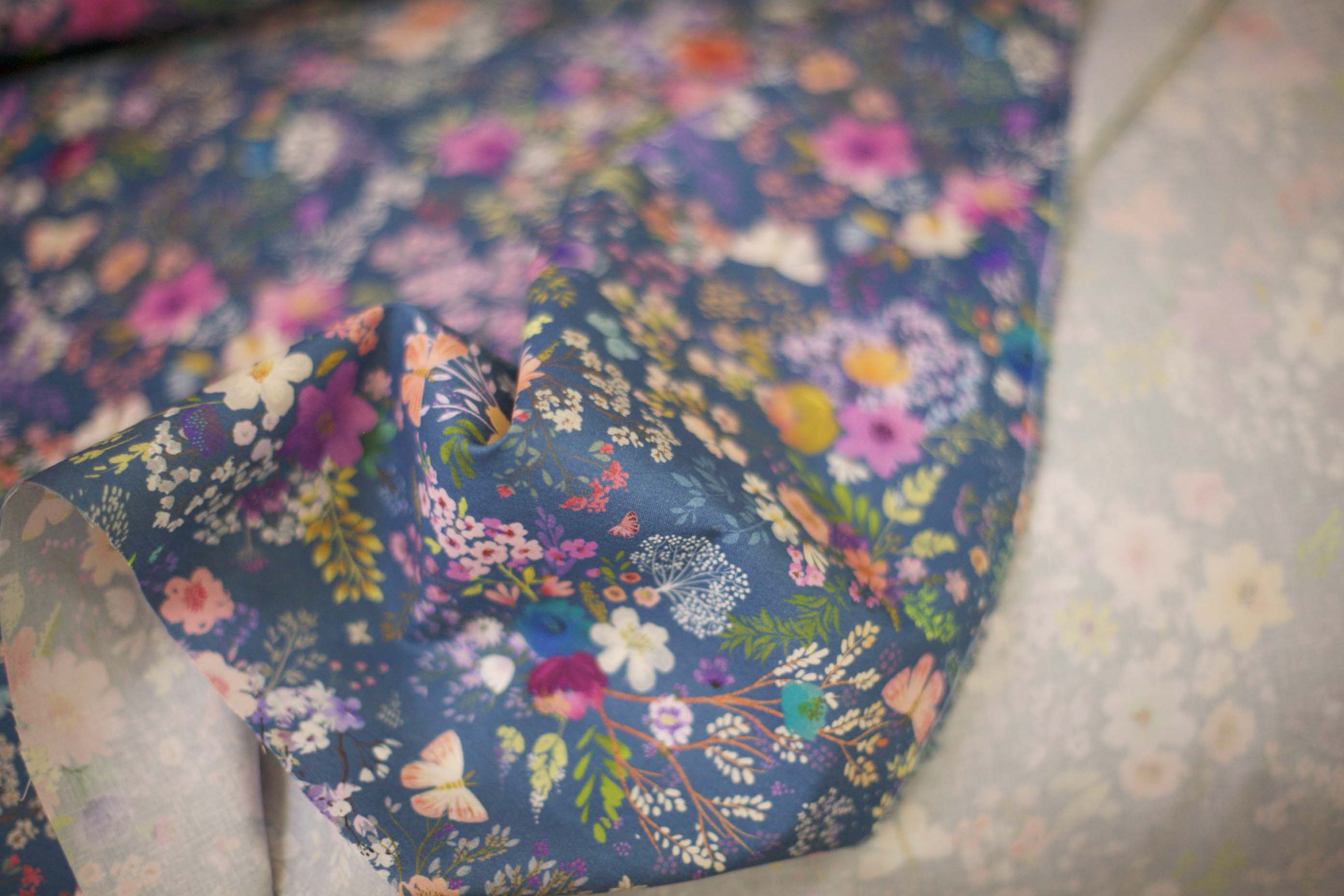 unicorn meadows blue fabric