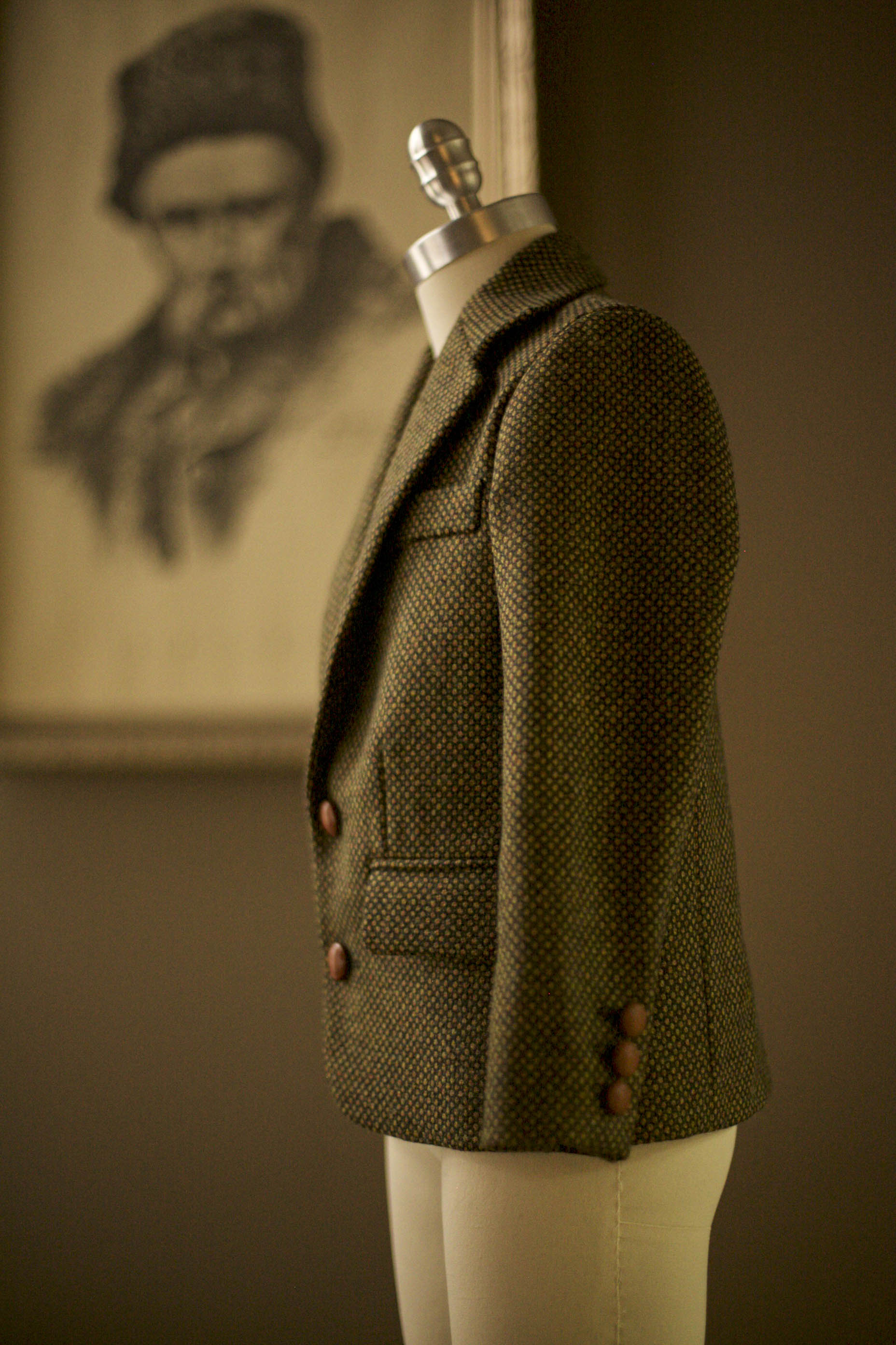 tweed jacket with cognac leather buttons
