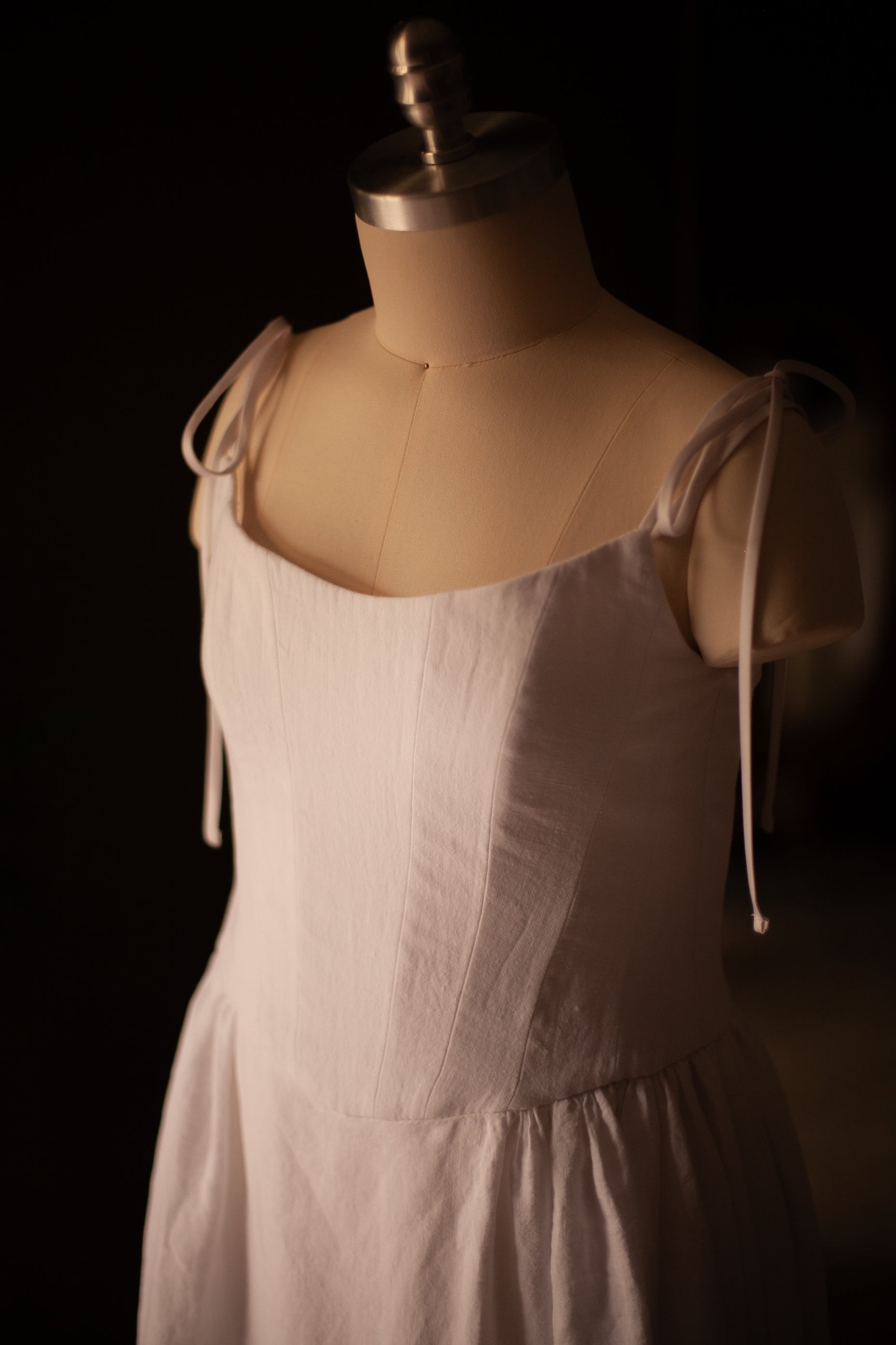 white linen wedding gown