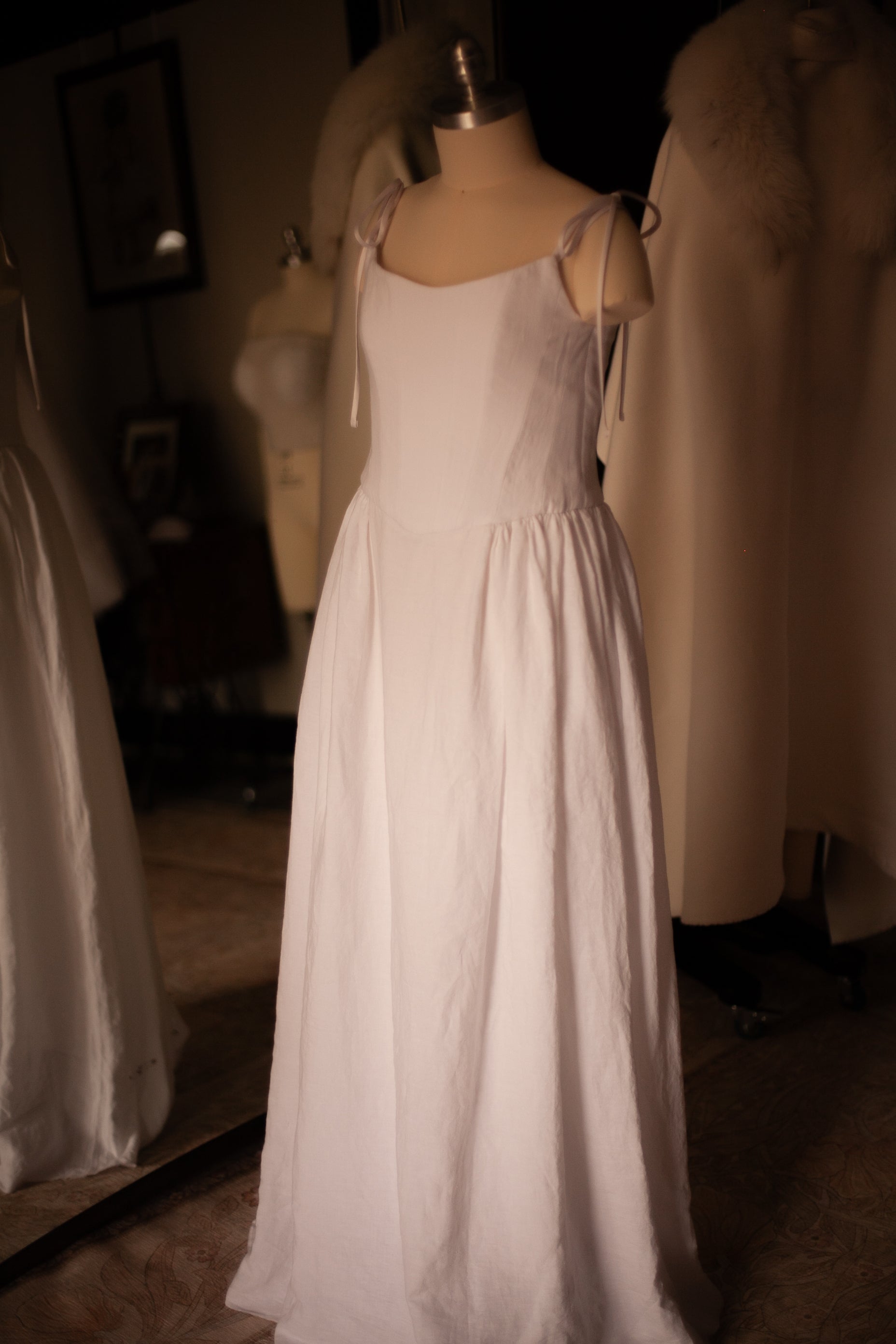 linen drop waist dress with peaked neckline