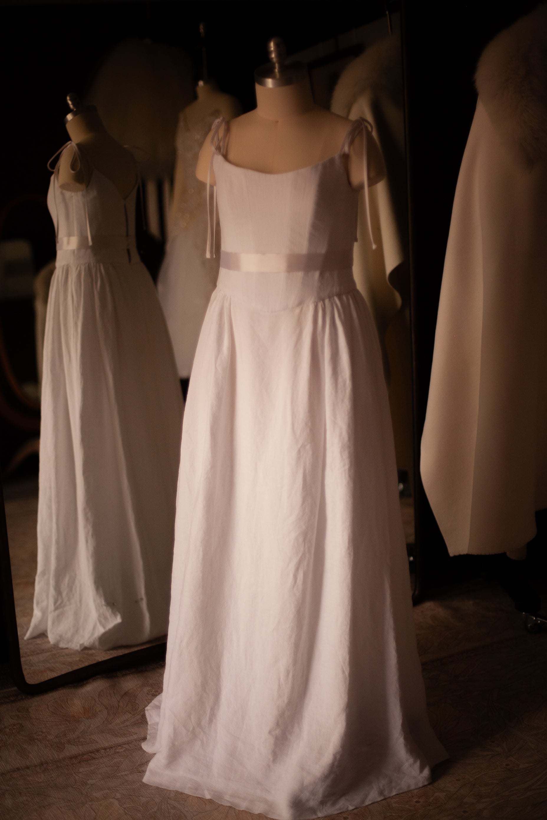 white linen drop waist wedding gown