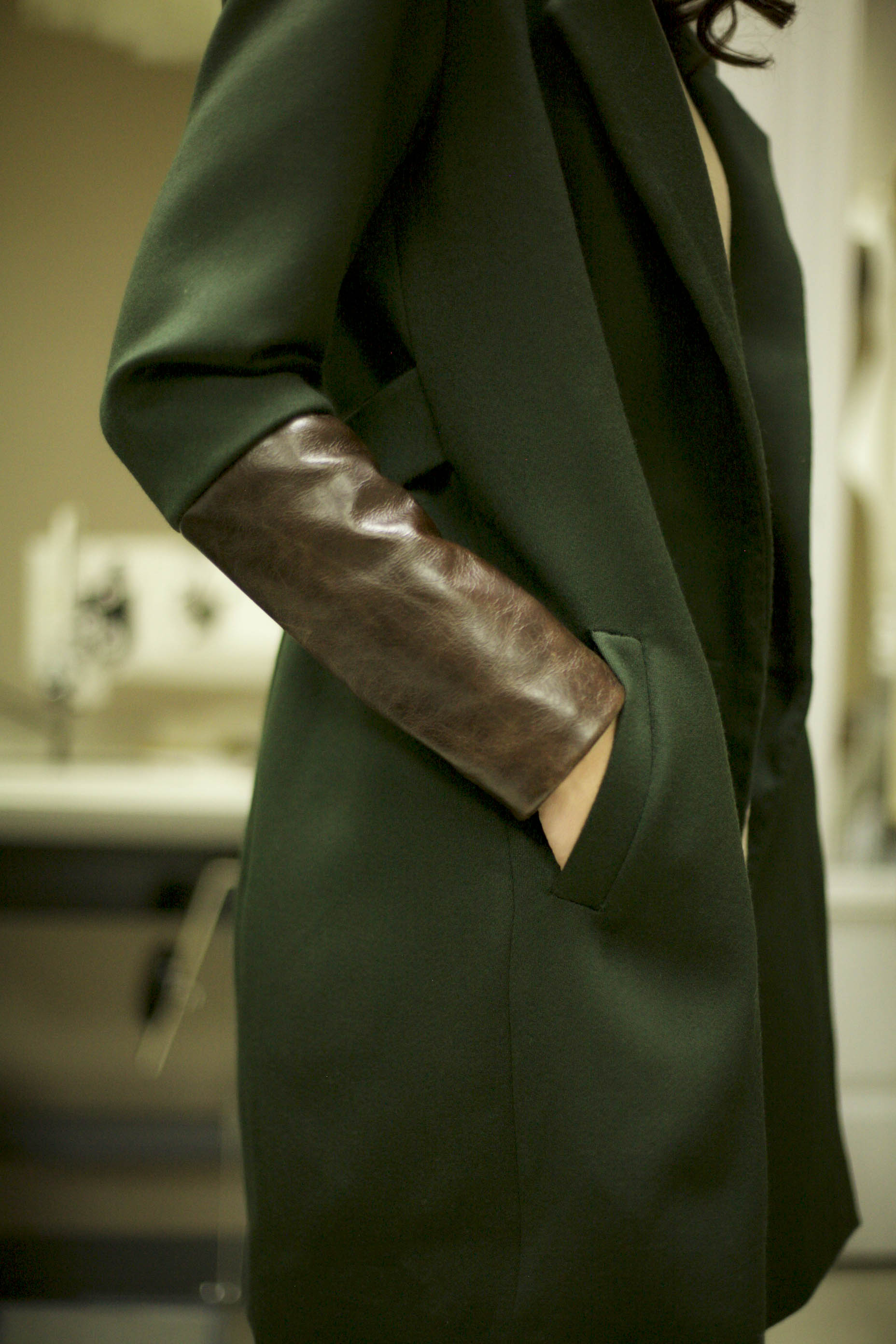 dark green wool jacket with leather