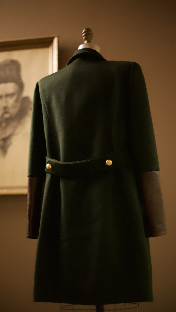 dark green wool jacket with leather cuffs