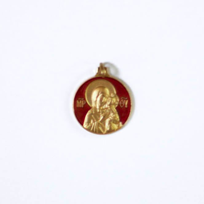 dark red holy medal Mary