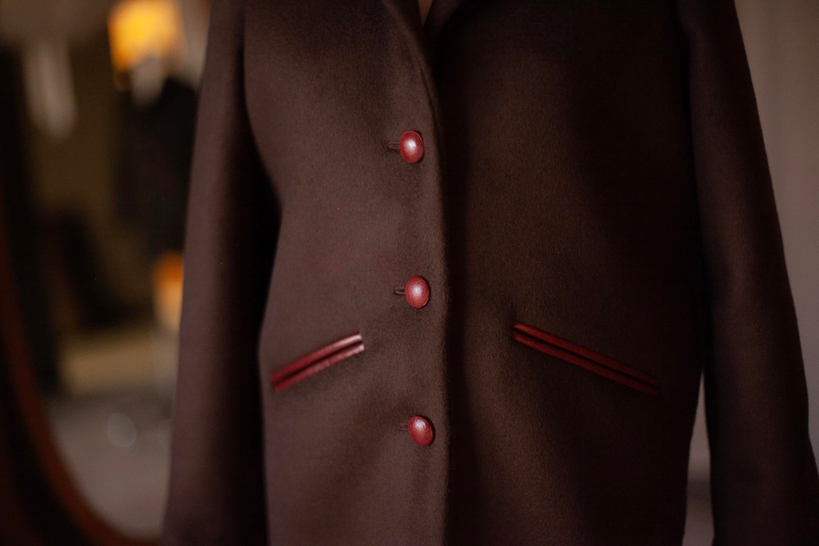 Womens wool coat with mahogany leather