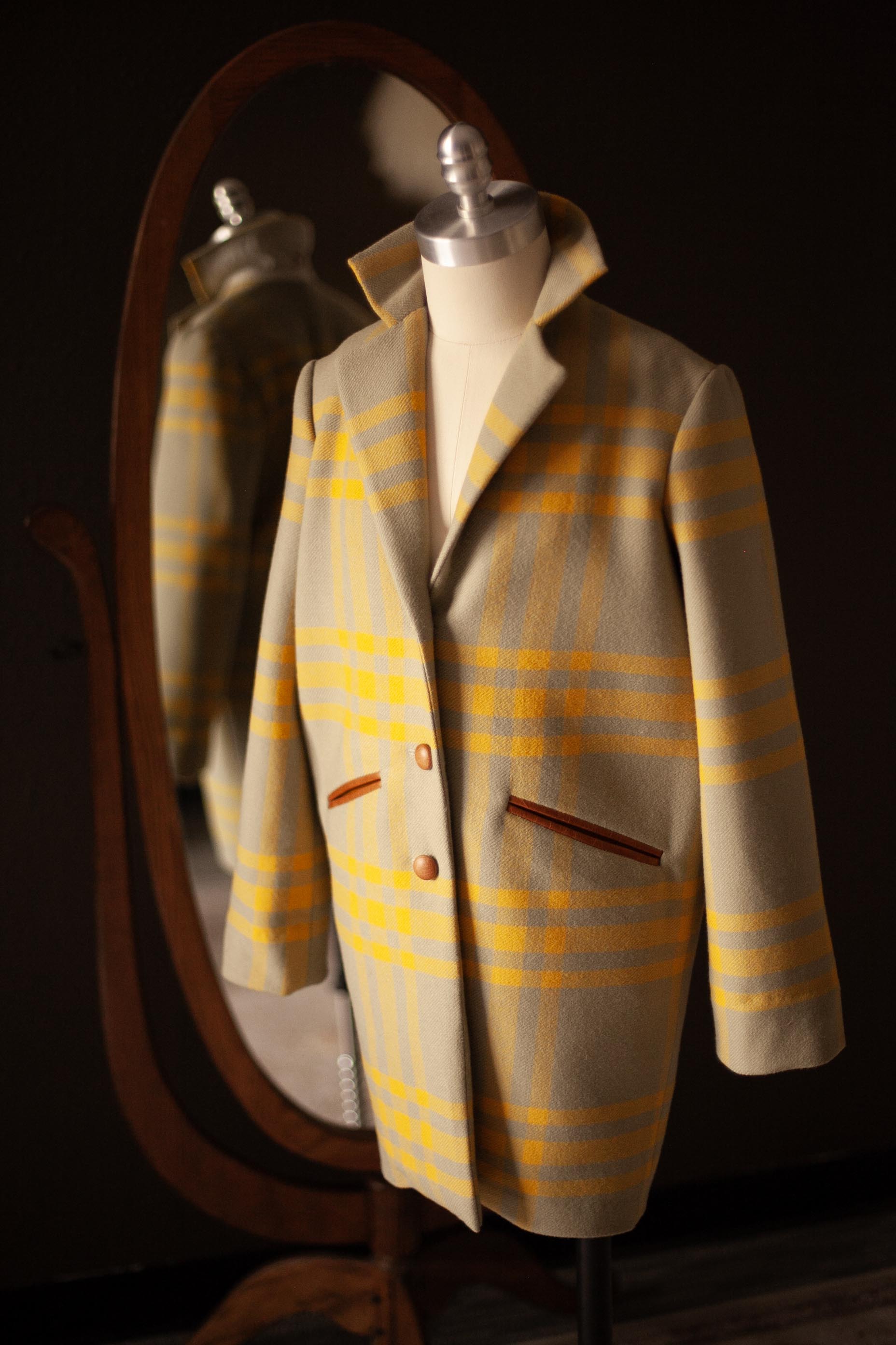 yellow wool coat with cognac leather buttons