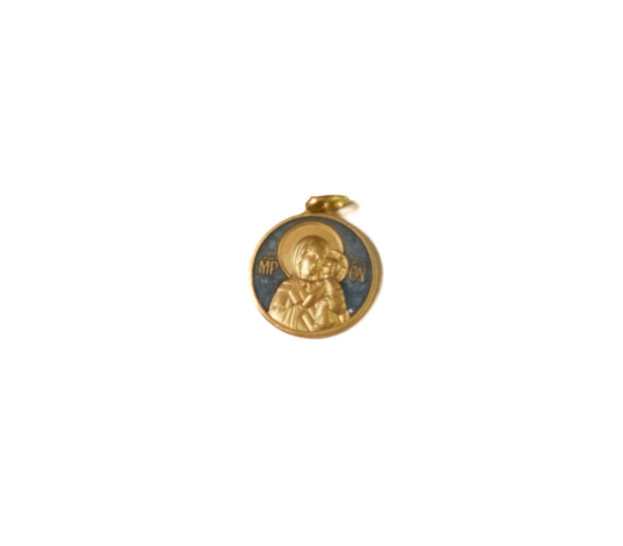 light blue Virgin Mary holy medal