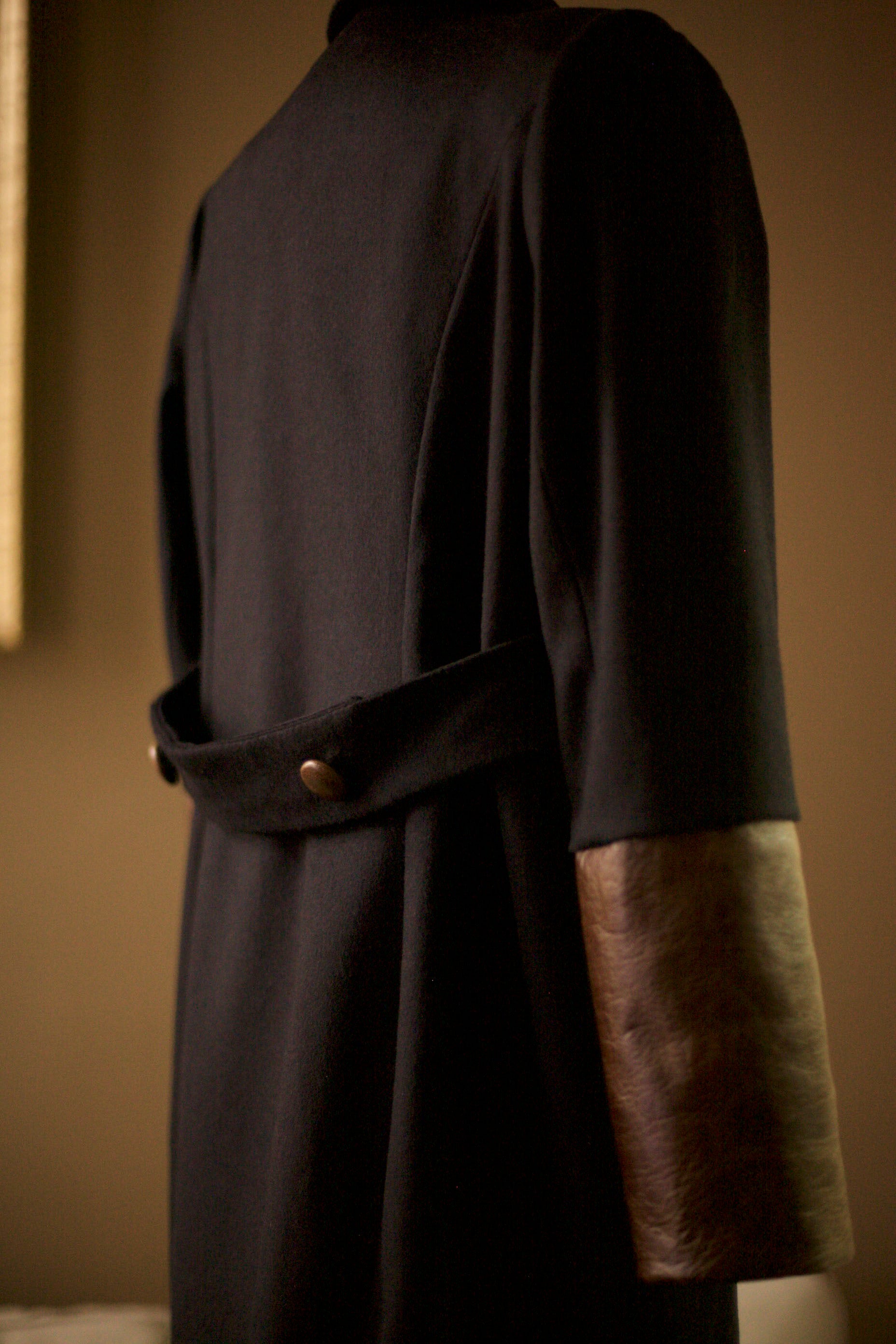 navy wool coat with leather cuffs