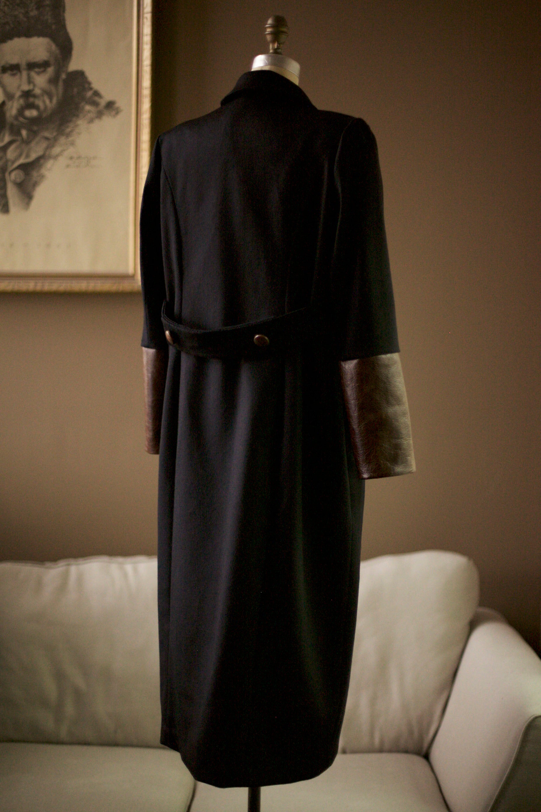long women's navy wool jacket with leather