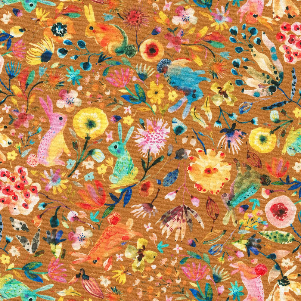 Watercolor Animals on Mustard Gold Fabric