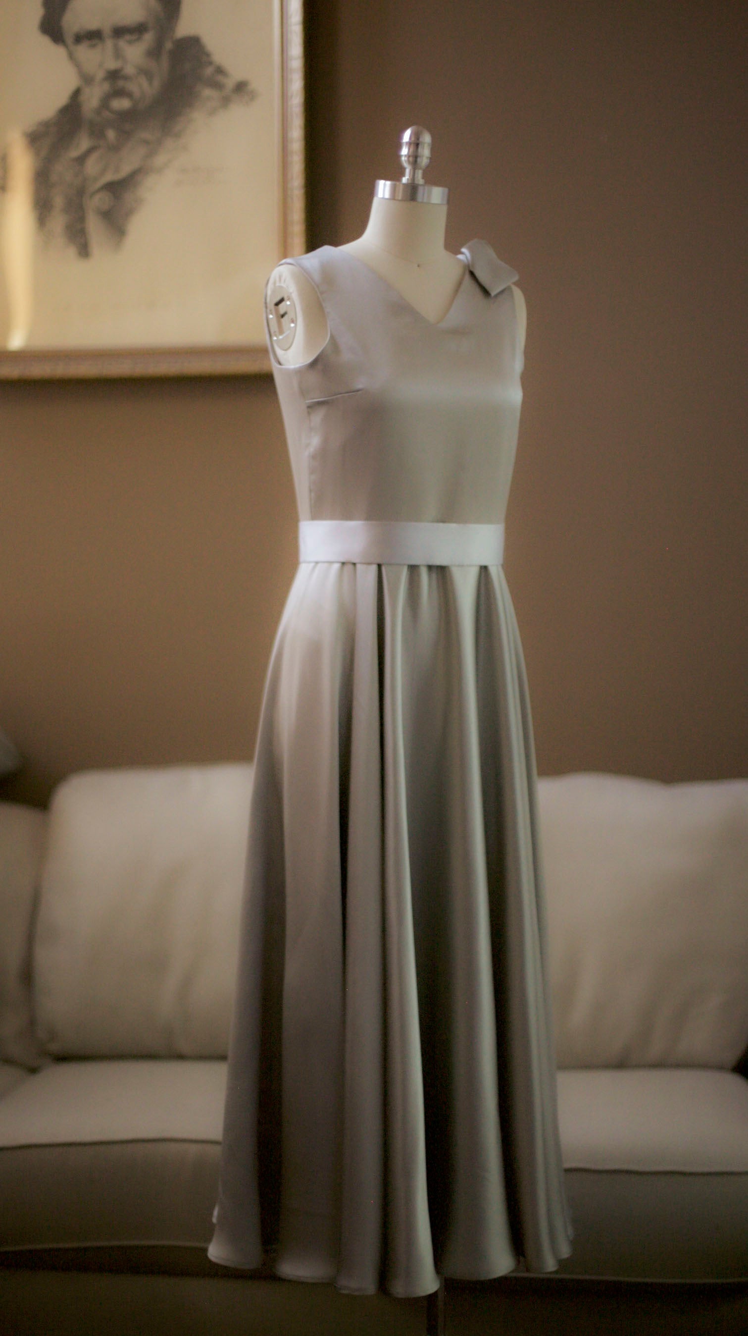 long silver silk gown