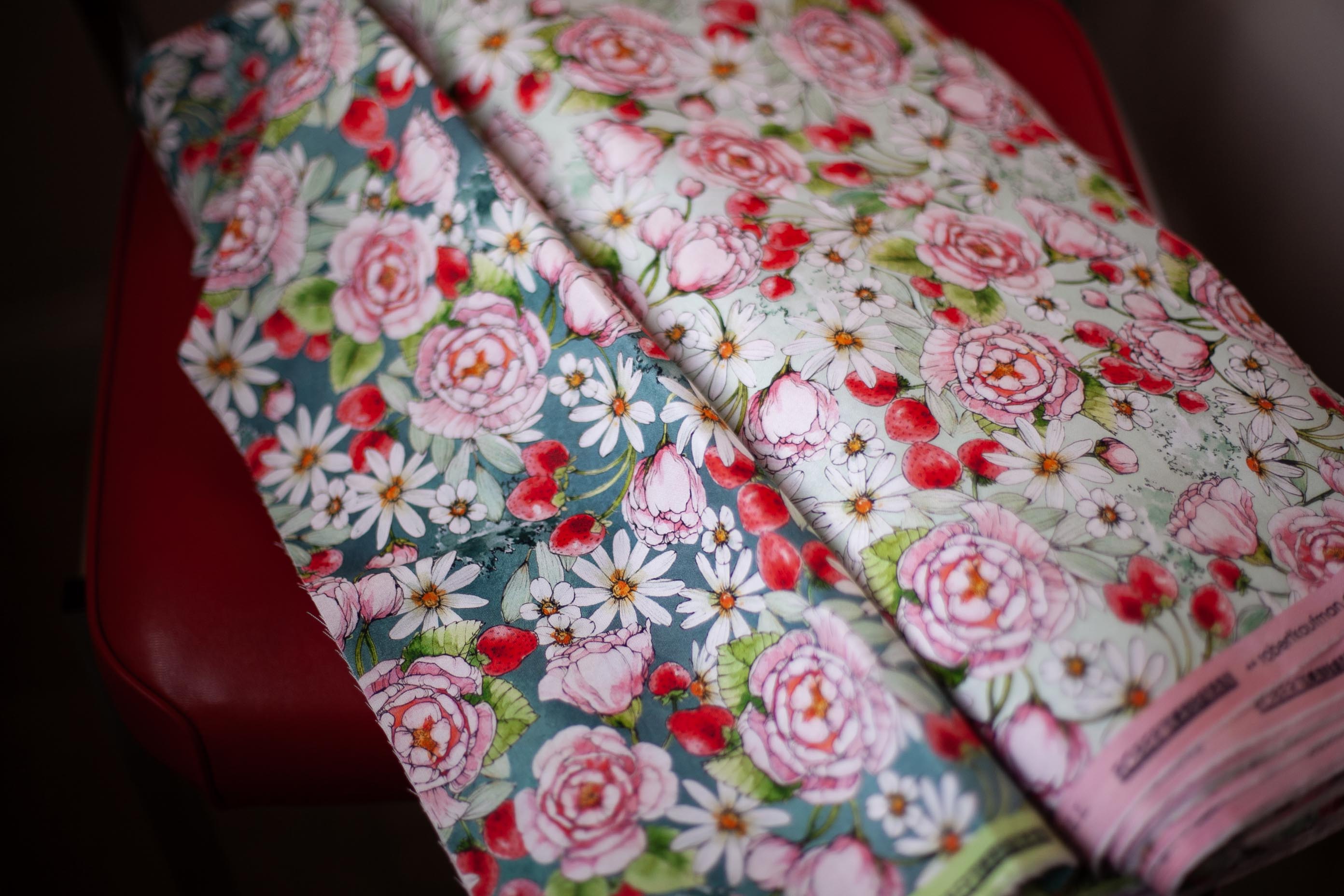 strawberry fabric with pink peonies