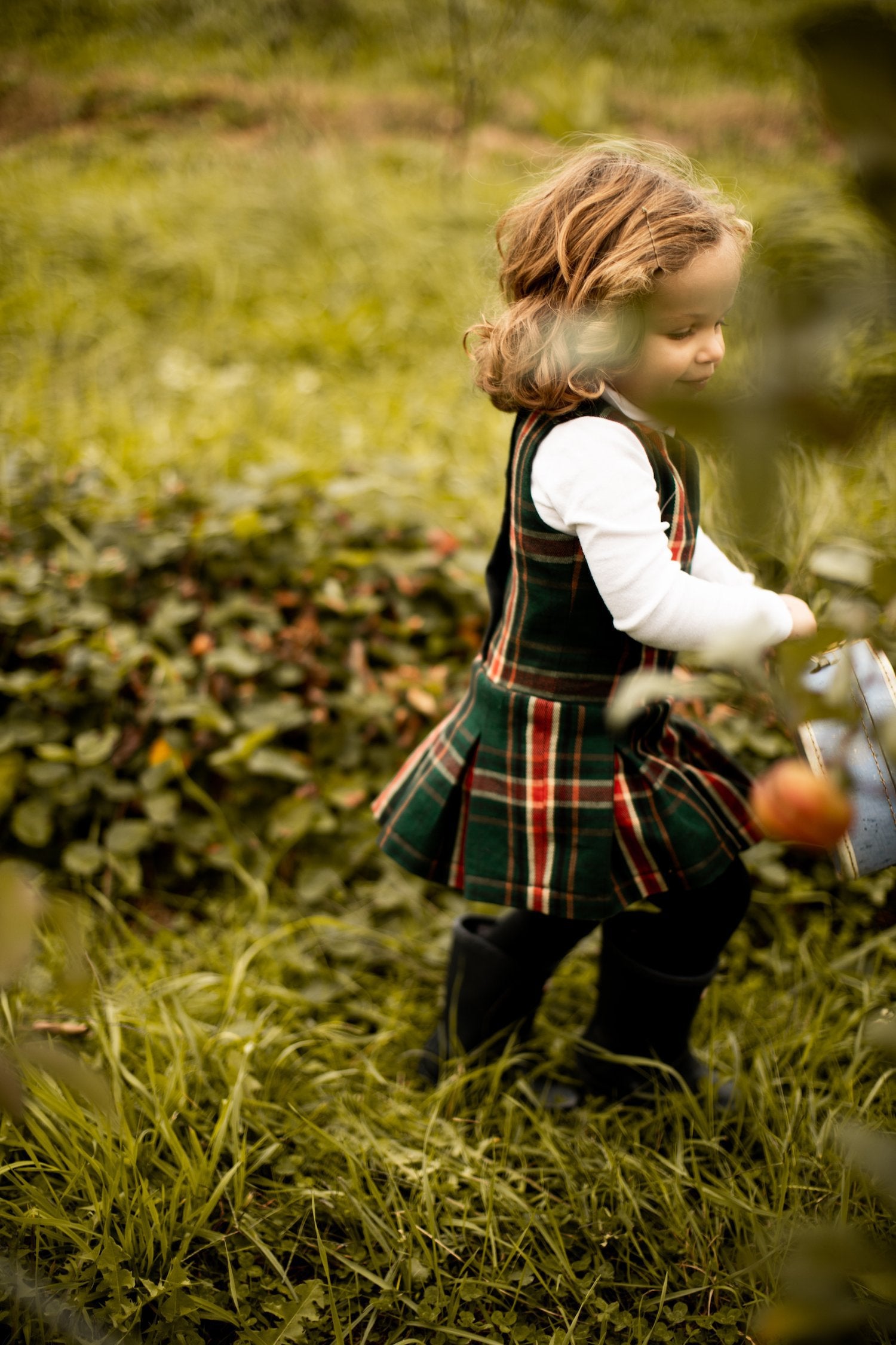 Pleated Green and Red Plaid Dress
