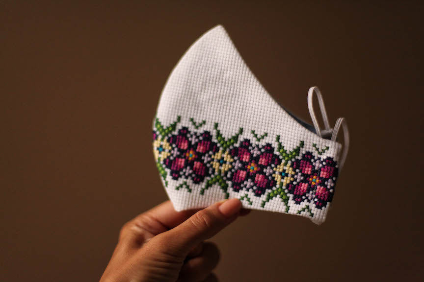 purple floral Ukrainian embroidery mask