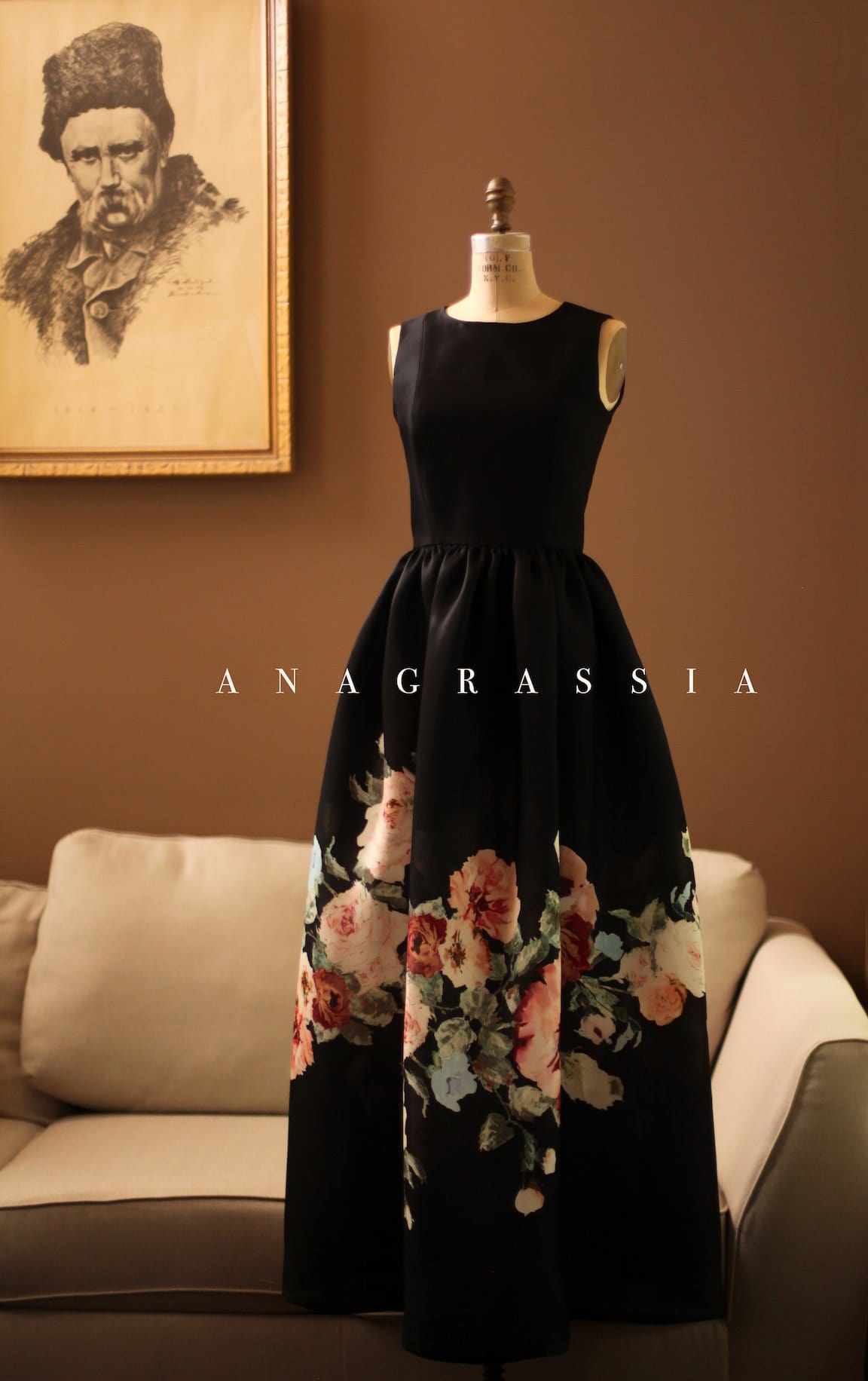 black silk gazar floral gown