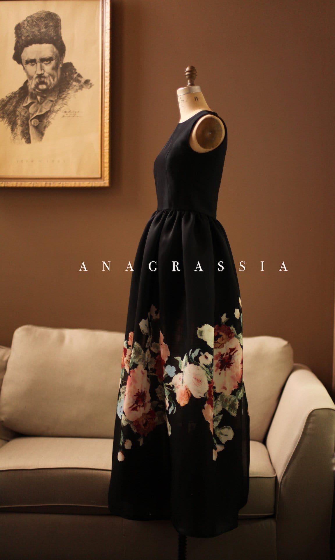 Black Floral Silk Gazar Ball Gown Dress 