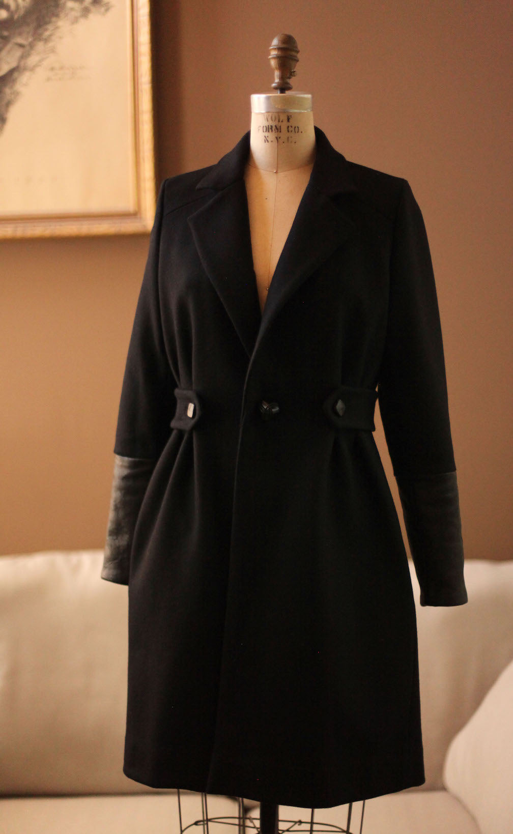 Womens black wool leather coat