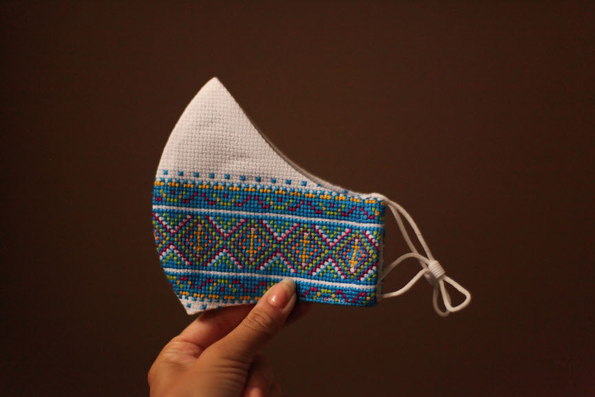 Hand embroidered bright blue face mask