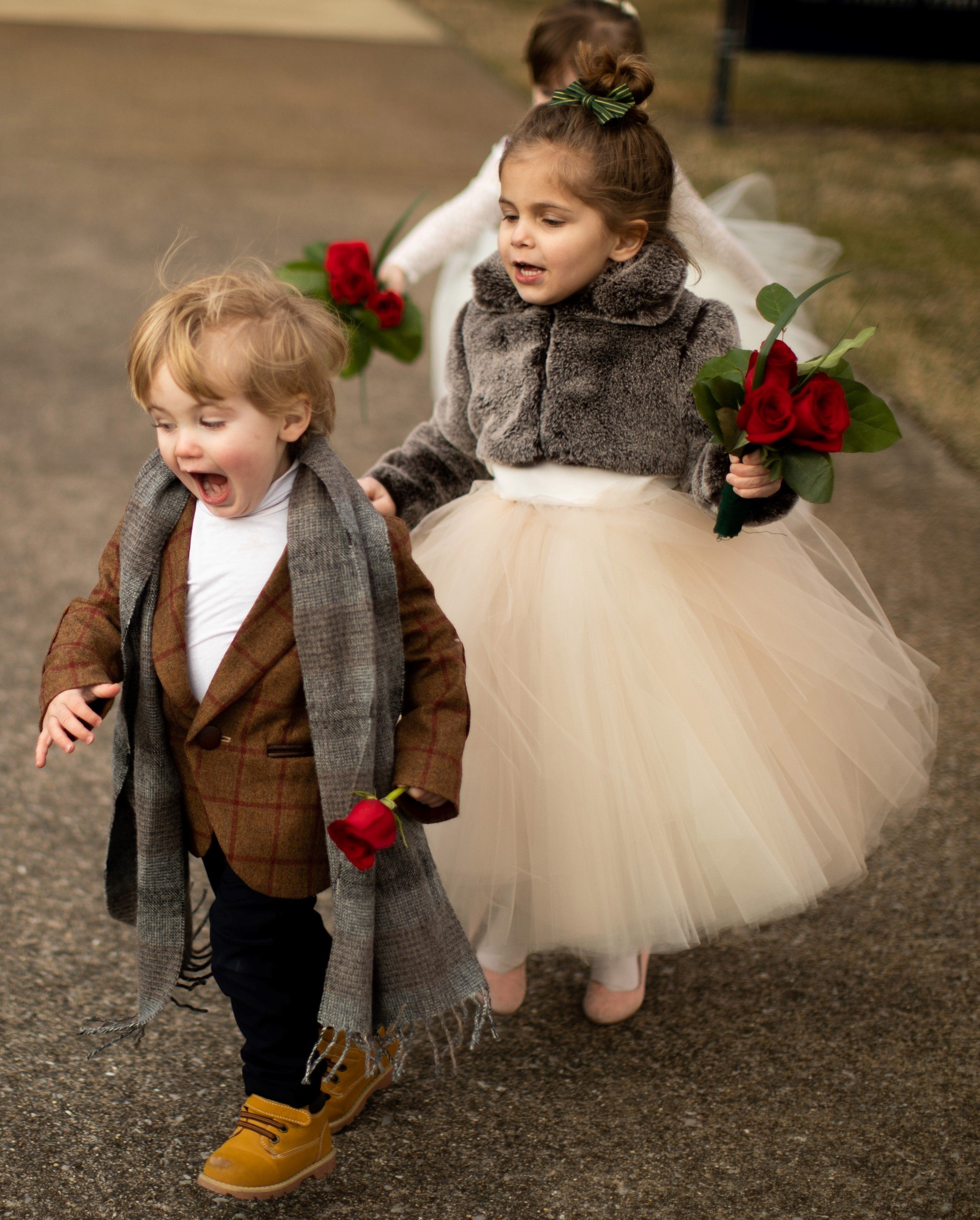 fur jacket flower girl