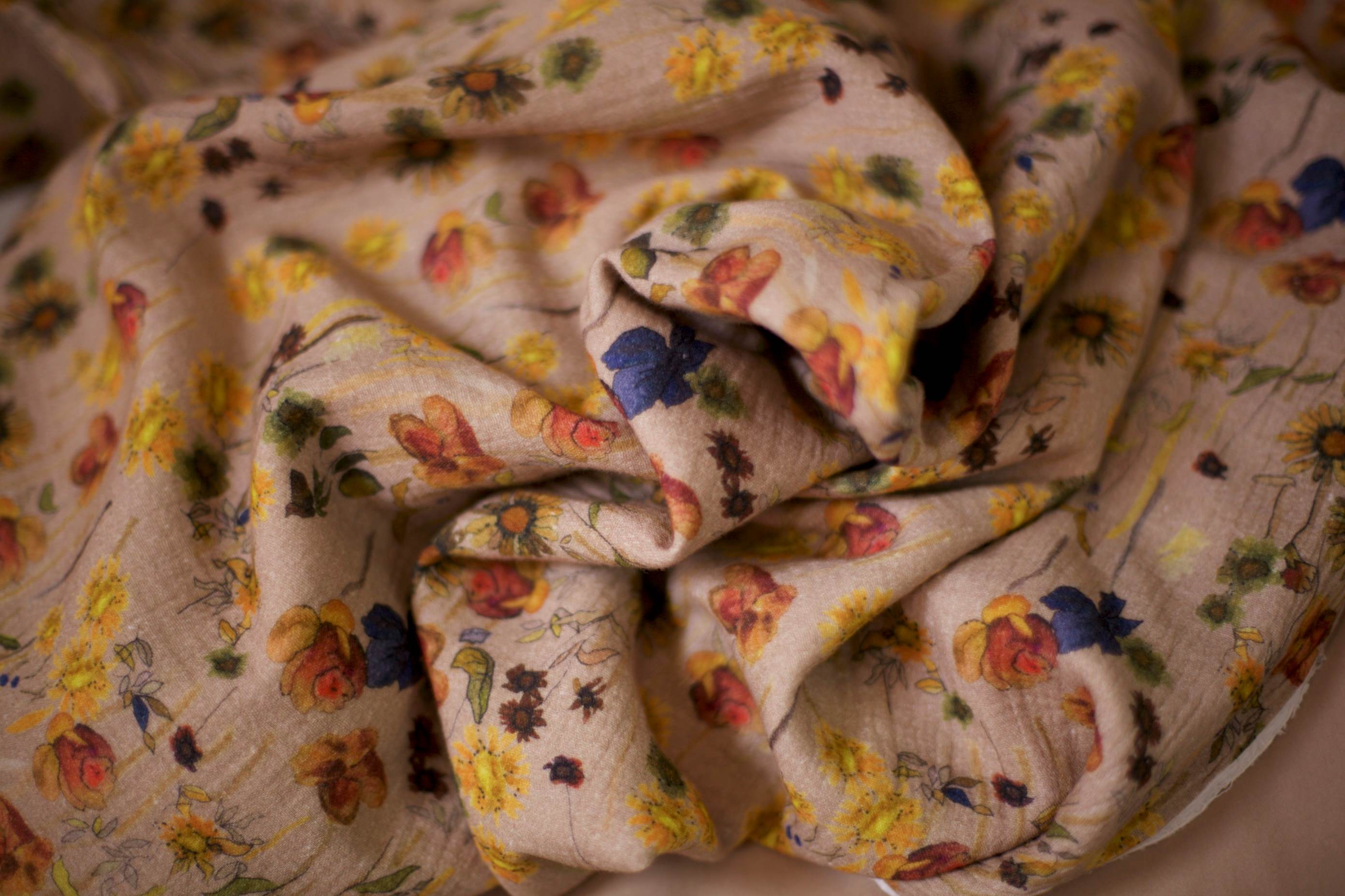 cotton gauze tan floral