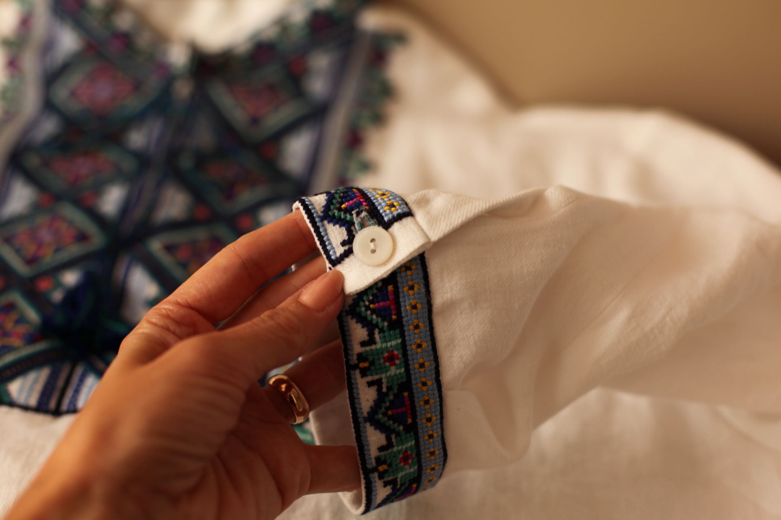 Ukrainian embroidered shirt with button cuffs