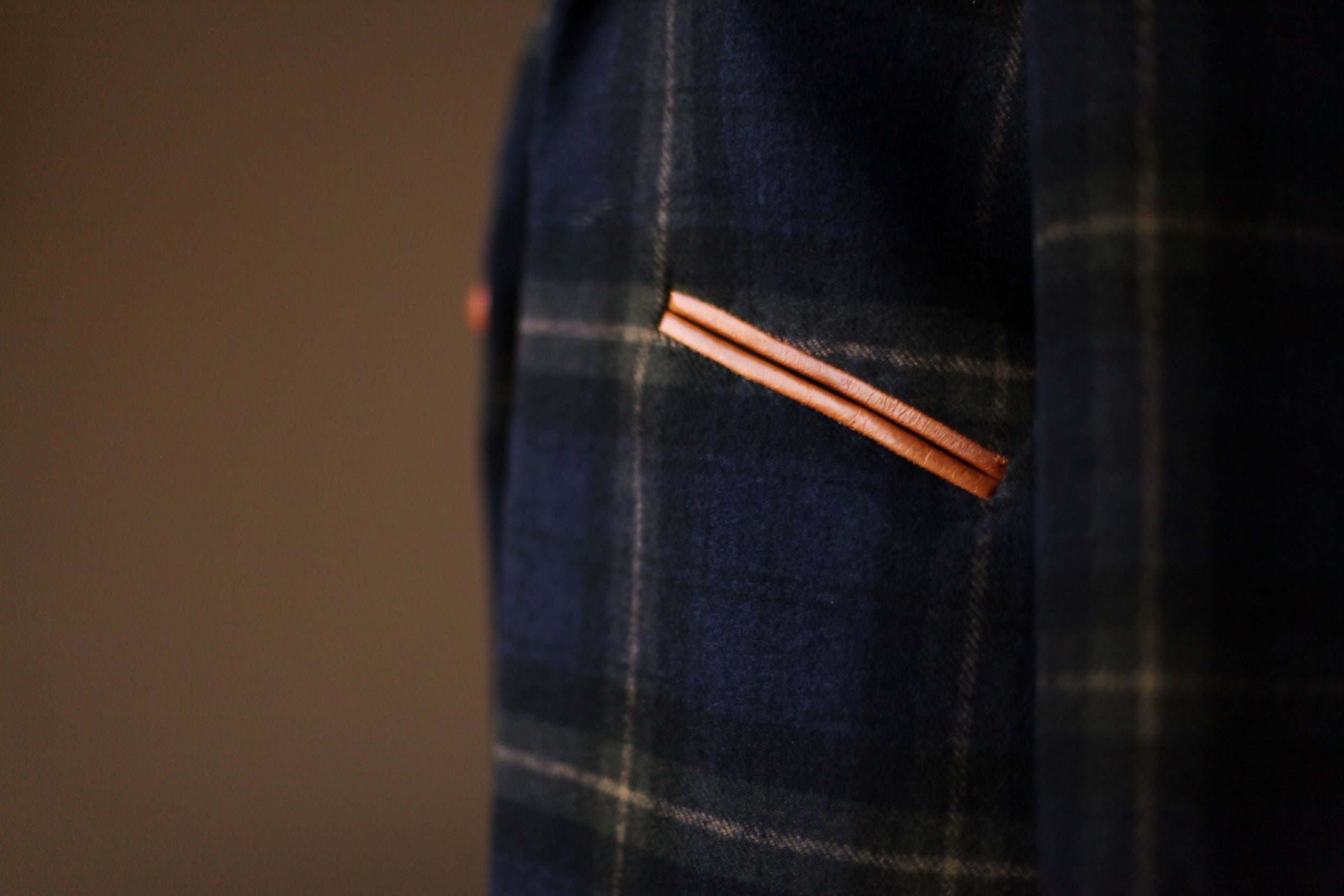 plaid coat with leather pockets