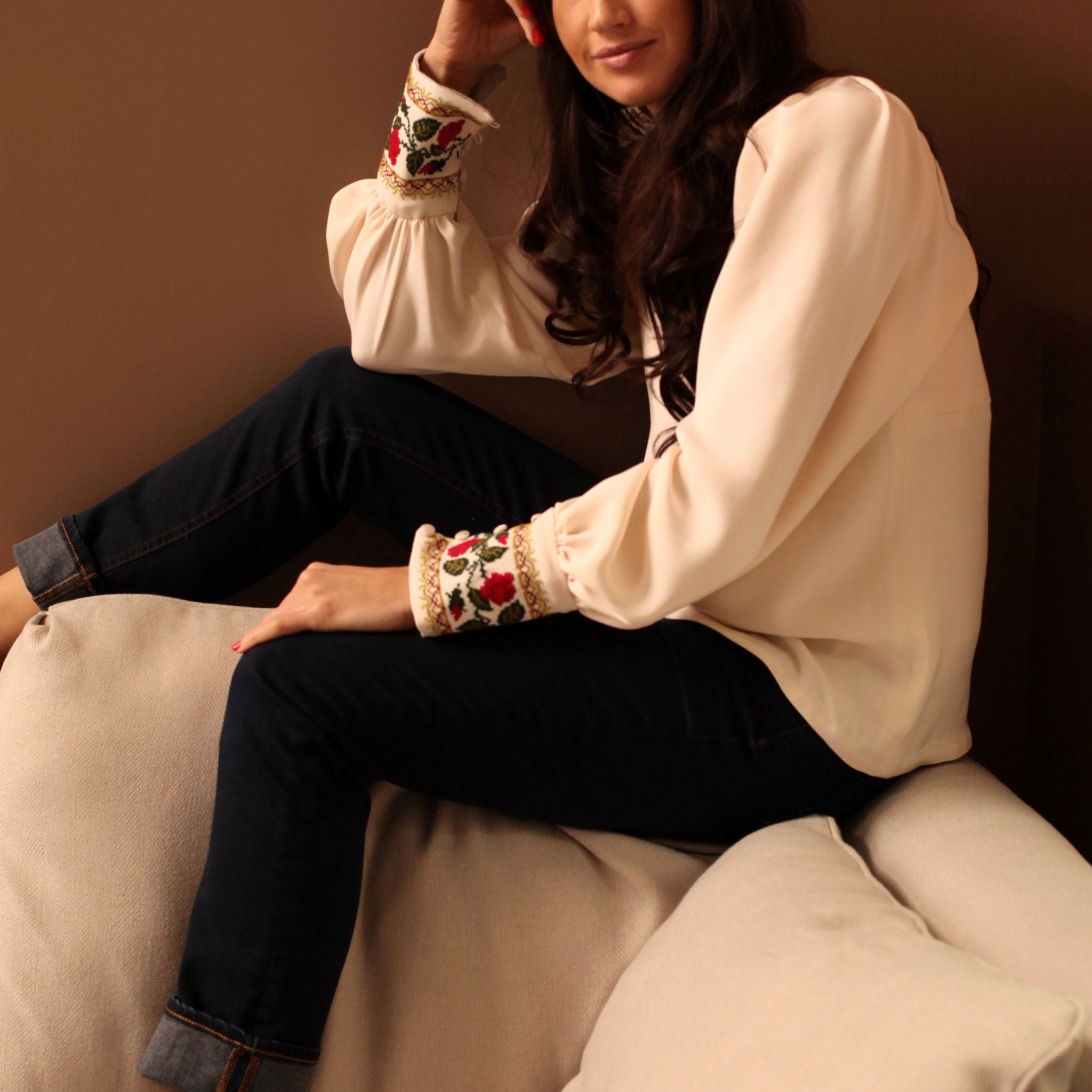 rose embroidered silk blouse