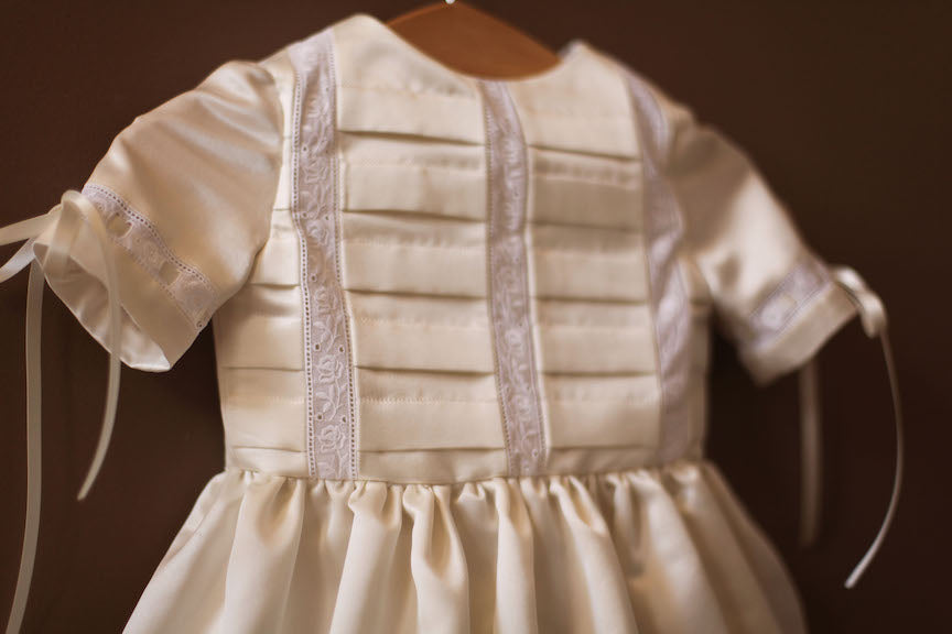 pleated silk baptismal gown